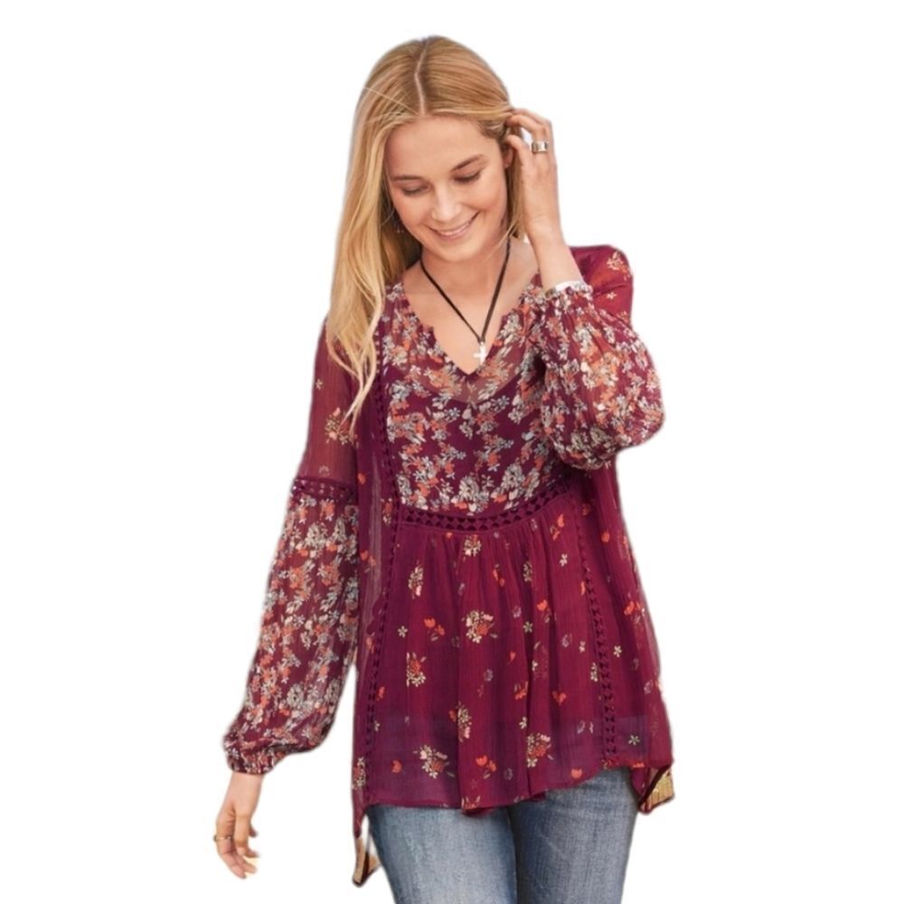 SUNDANCE blouse woodrose floral sheer long sleeve peasant top with cami XS